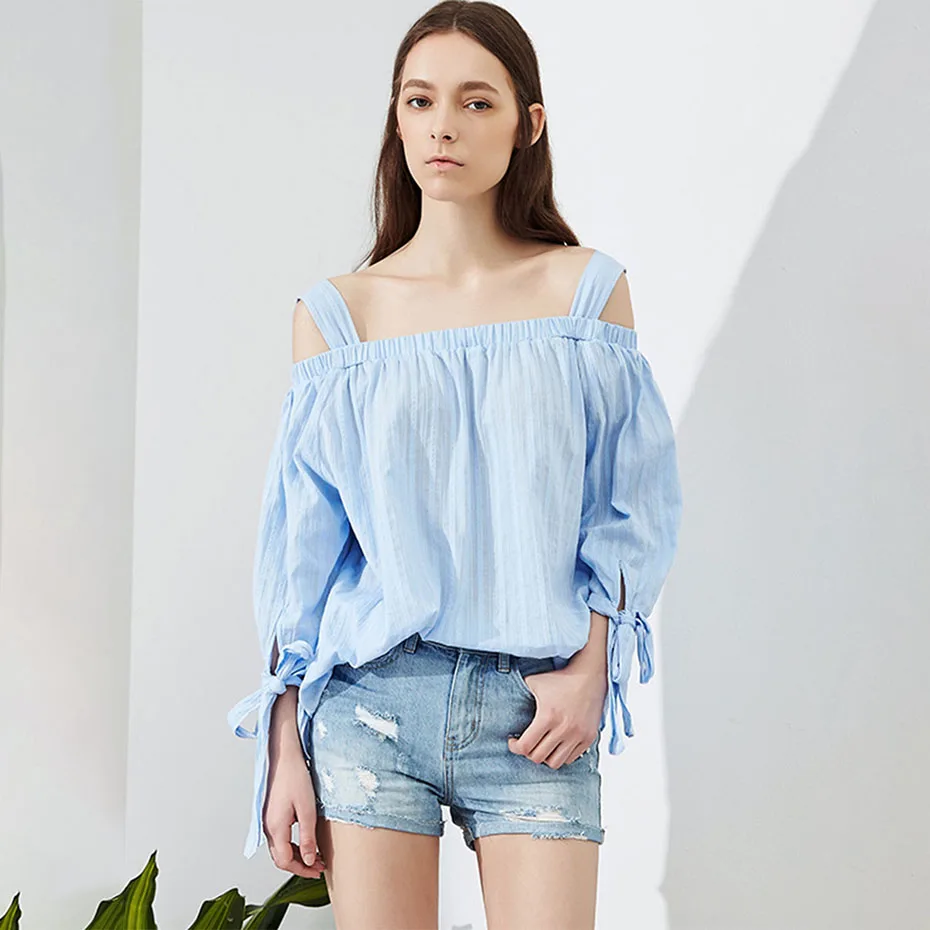 Women Light Blue Striped Blouse Casual Off Shoulder Loose