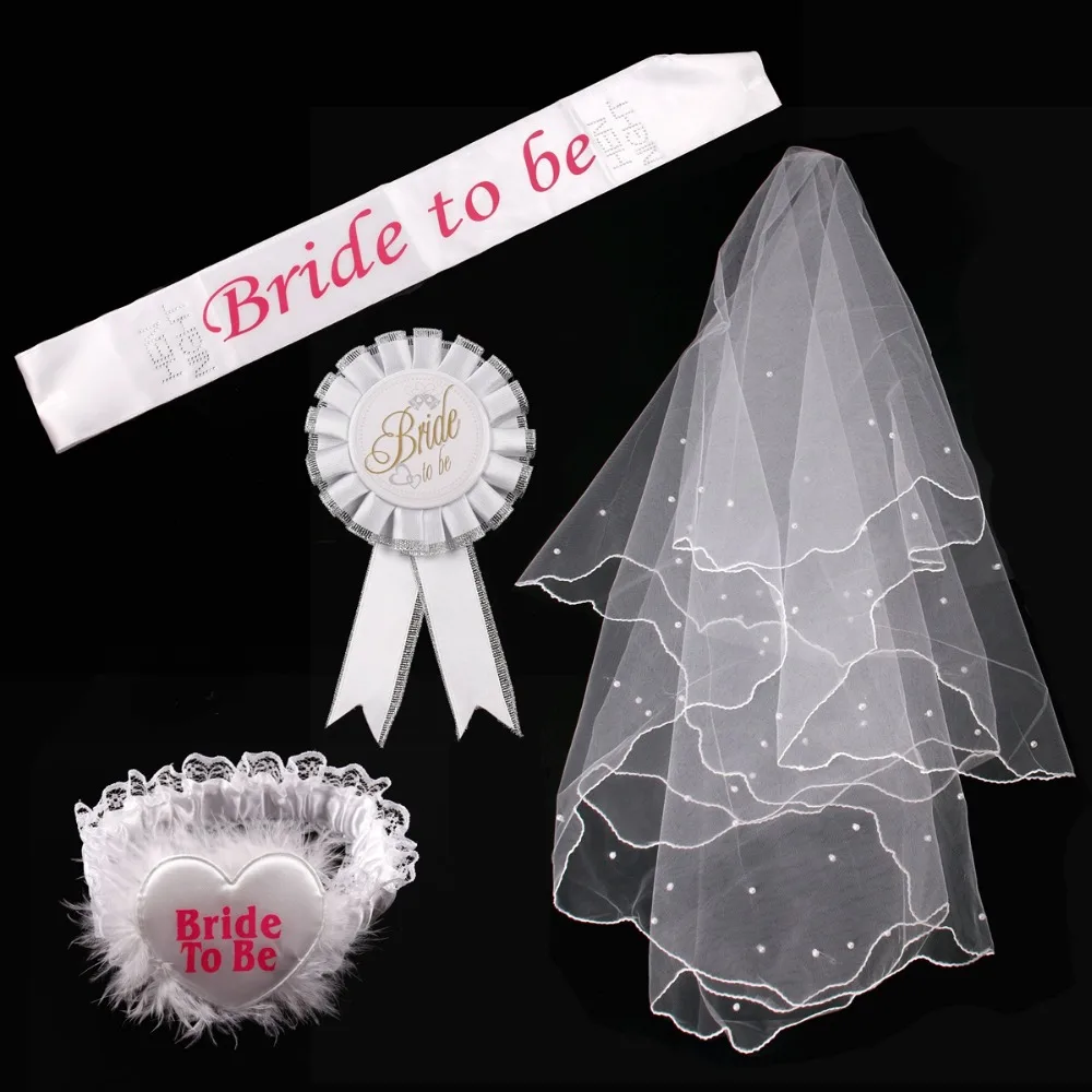 FENGRISE Hen Party Decoration Bride To Be Sash Badge Sexy Garter White Veil Bridal Shower