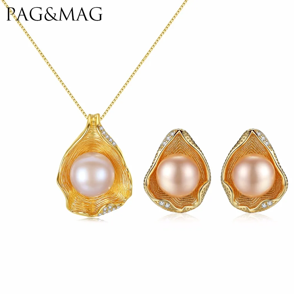 PAG&MAG Charm Shell Design Pearl Jewelry Set 925 Sterling Silver Fashion Pendant Necklaces and Earrings For Women 18k Gold Color