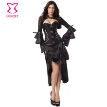 Корсет в стиле стимпанк с черными стальными косточками+ куртка+ юбка для похудения, сексуальный готический Женский корсет Бурлеск в викторианском стиле