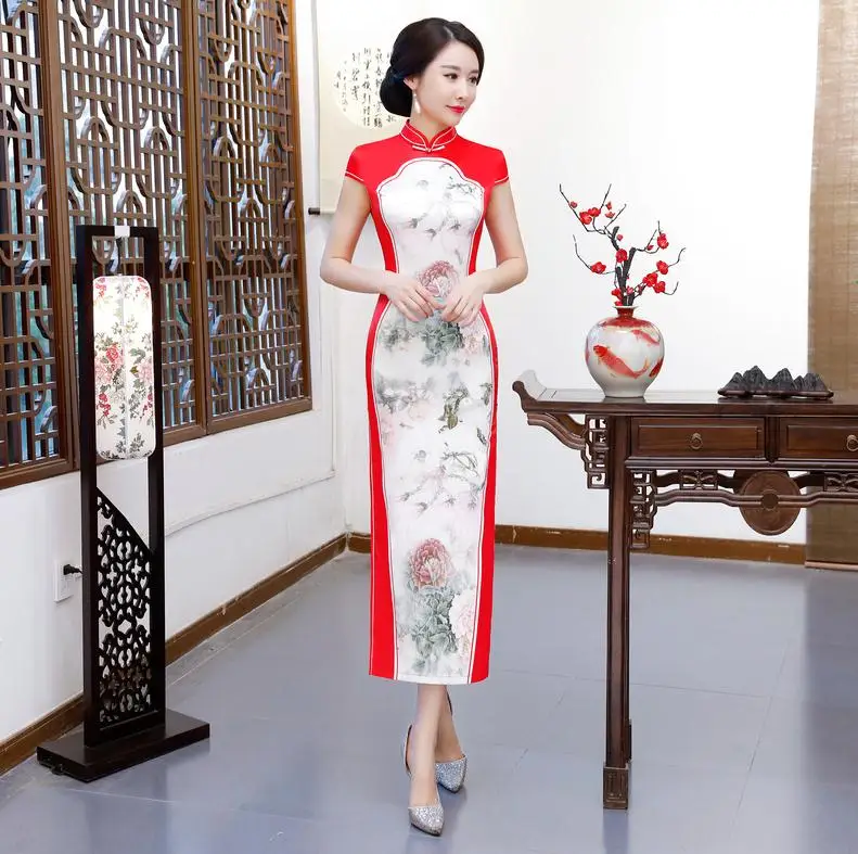 Брэйд дизайнер дамы длинный Cheongsam китайский стиль воротник стойка длинное платье женские Qipao тонкие Вечерние платья Vestido - Цвет: red