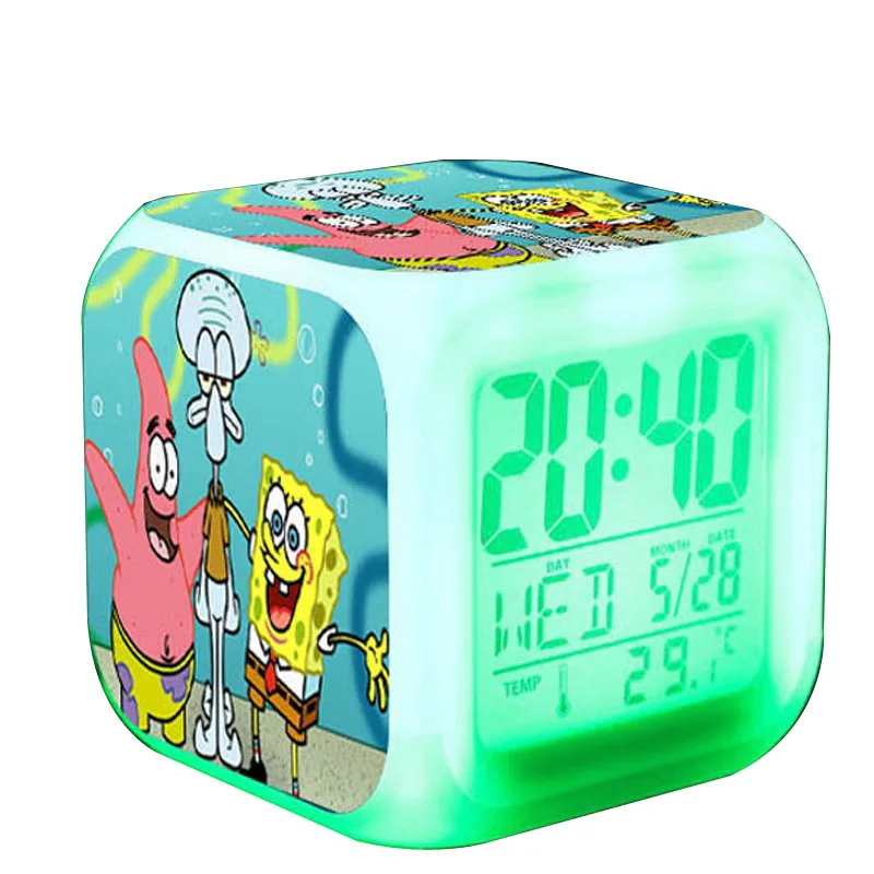 

Xmas Toys SpongeBob SquarePants LED 7 color Changing/Flash Digital Alarm Clock thermometer reloj despertador wekker reveil Watch
