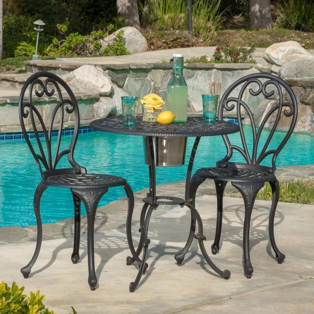 Wayne Outdoor Cast Aluminum Black Gold 3 Piece Bistro Set With Ice Wayne Outdoor Cast Aluminum Black Gold 3 Piece Bistro Set With Ice Bucket