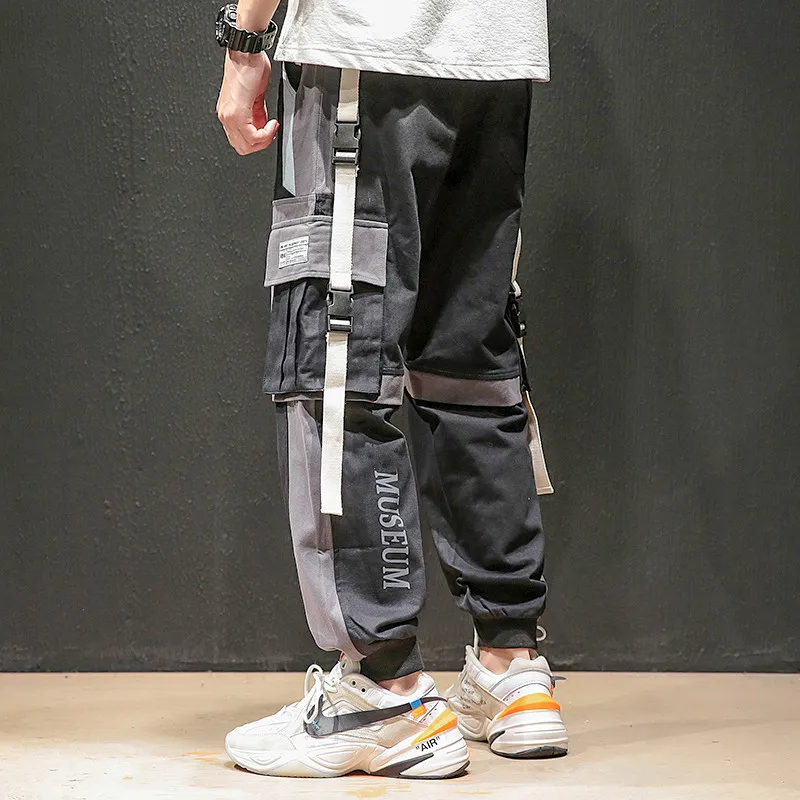 LAPPSTER Японская уличная одежда брюки карго цвет блок ленты мешковатые джоггеры брюки пэчворк Harajuku пот брюки комбинезоны 4XL - Цвет: Black