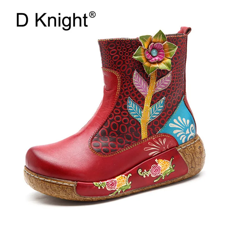

D Knight New Casual Ankle Boots Shoes Woman Retro Ethnic Style Genuine Cow Leather Platform Comfortable Women's Boots Large Size