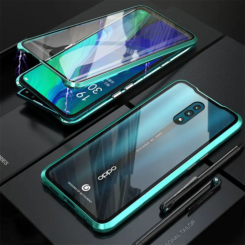 Luxury Magnetic Metal Bumper Case For OPPO Reno Cover 360 Transparent Double-Sided Glass Full Body Case For OPPO Reno Case Armor - Цвет: Green