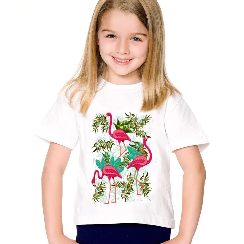 Fashion Print Pink Flamingos Exotic Birds Children T shirts Kids Summer