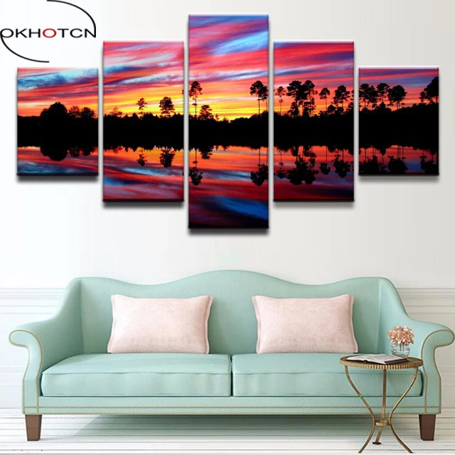 OKHOTCN 5 Panel Trees Lakes Print Poster on Canvas for Living Room Home Decoration Abstract Sunset Forest Landscape Pictures | Дом и сад