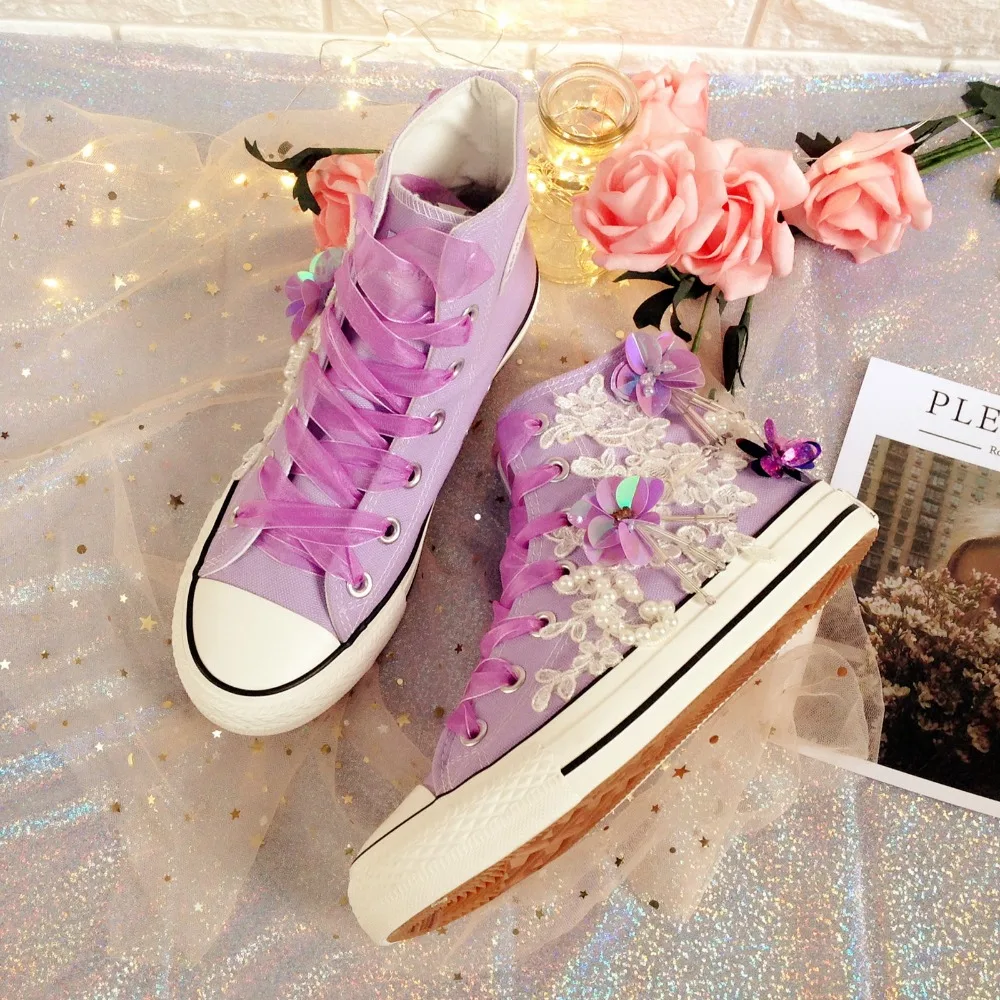 

2019 Spring New Handmade Lace Pearl Sneakers Women Light Purple High Canvas Shoes Flats Breathable Casual Shoes wk142
