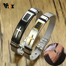 Vnox Comprimento Pulseira Ajustável para As Mulheres Homens Bangle Watch Band Aço Inoxidável Projeto Net Banda Cruz de Cristo Oração Jóias Masculinas(China)