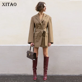 

XITAO Slim Bandage Women Blazer Korea Fashion New Notched Collar Elegant 2019 Autumn Minority Pocket Casual Sheath Coat DLL1857