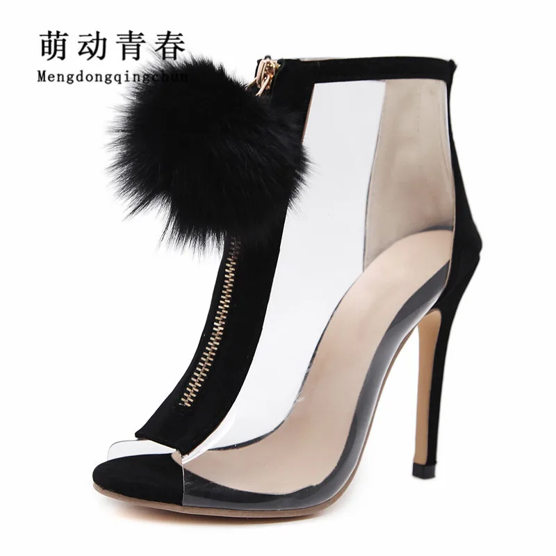 

2018 New Spring Womem Boots Fashion Women Peep Toe Thin Heel Boots Transparent Clear PVC Feather Decoration Women Ankle Boots