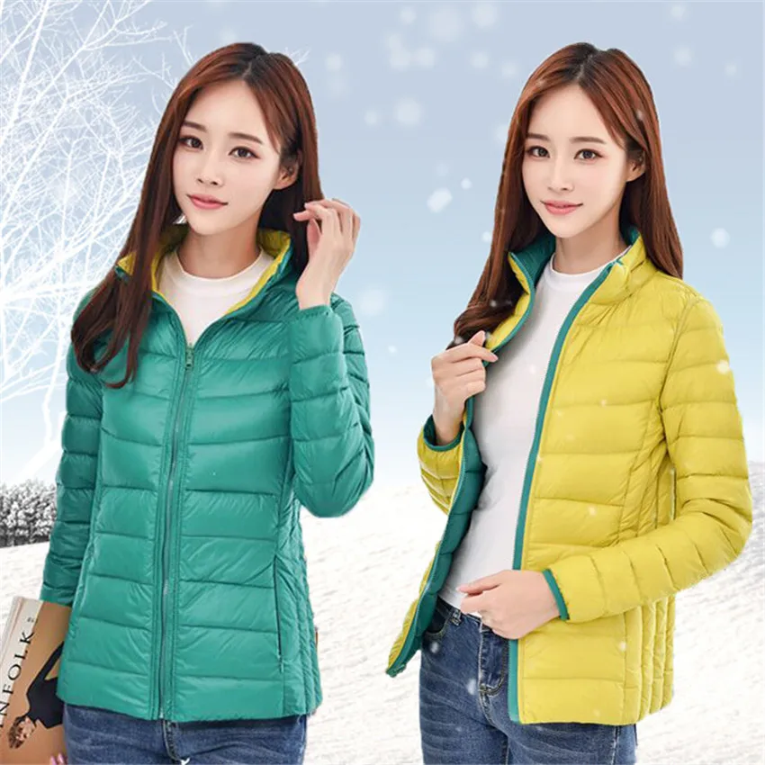 

2018 New Winter Women Short Down Coat On Both Side Big Size Lady Light Thin White Duck Down Jacket Autumn Stand Collar Coat W425