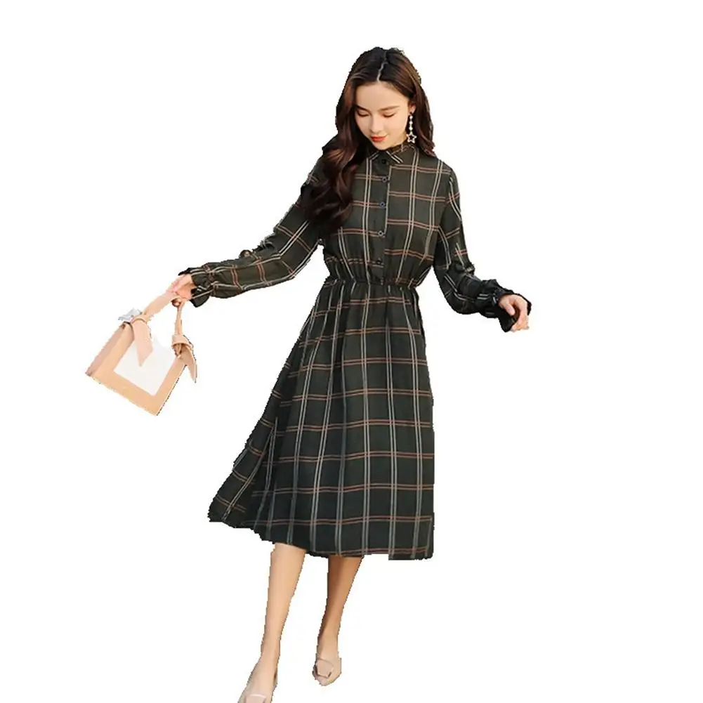 Yiwa Women Sweet Style Long Sleeve Floral Printing Elastic Waist Long Dress Breathable Wear Resistant Women's Clothing Dress