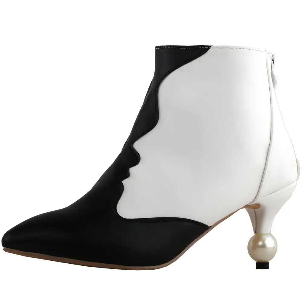 

LF60434 SHOW STORY Retro Two Tone Woman's Face Pointed Toe Exquisite Pearl Heel Dress Ankle Bootie