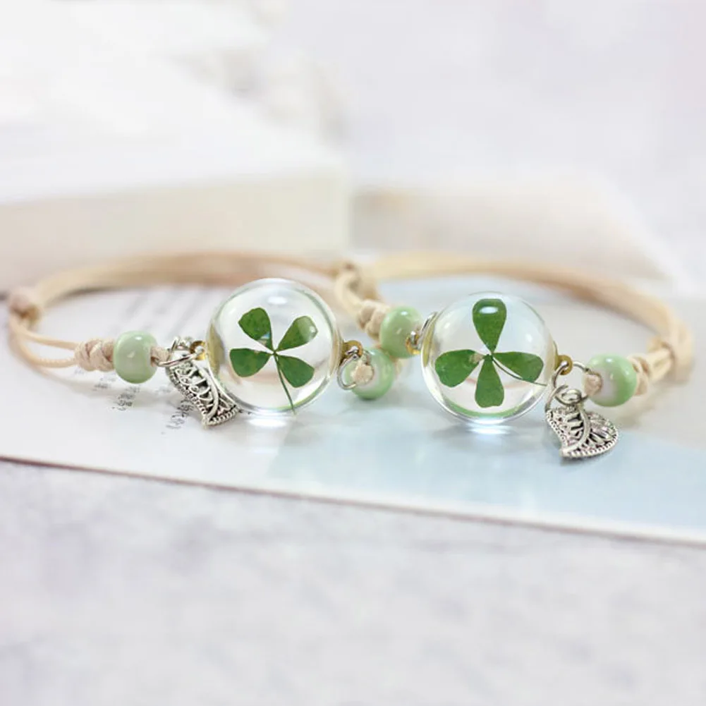 Vintage Charm Bracelet Handmade Real Dry Flower Glass Ball Weave Adjustable Bracelets Bangle for Women Fashion