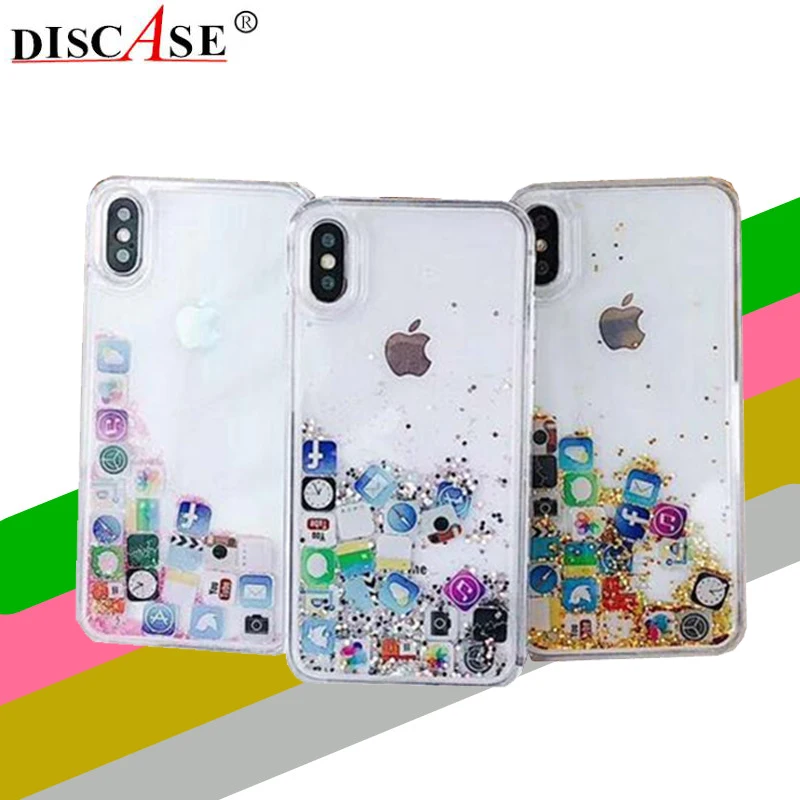 

DISCASE PC+TPU Transparent Phone Case For iphone XS XR XS Max Funny Icon APP Liquid Quicksand For iphone X 6 6S 8 7plus Funda