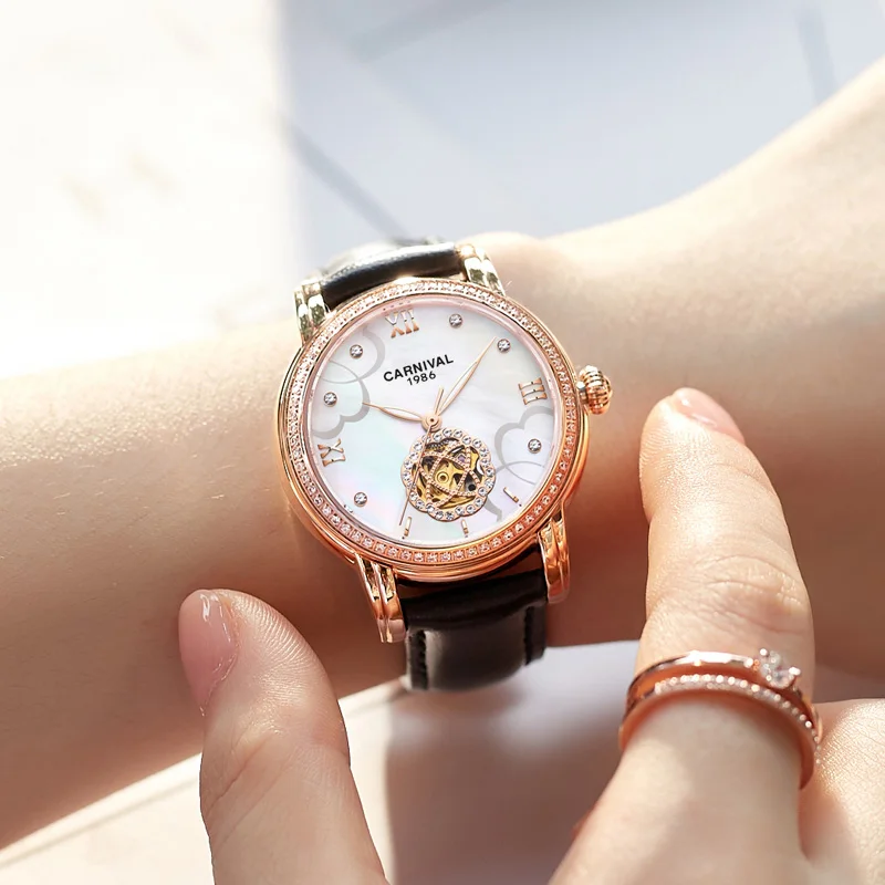 

33mm Fashion Casual CARNIVAL Mechanical Automatic Watch Wristwatch For Women With Black Leather Strap relogio feminino Luminous