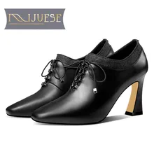 MLJUESE 2019 primavera do dedo do pé quadrado de couro de vaca Roma estilo mulheres bombas outono rendas até sapatos de salto alto sapatos de senhora vestido de festa casamento