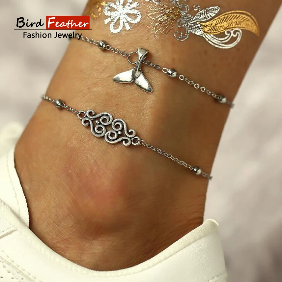 

Vintage Antique Silver Color Anklet Women cute pattern tail Geometric Bracelet Charm Bohemian Ankle Bracelet Boho Foot Jewelry