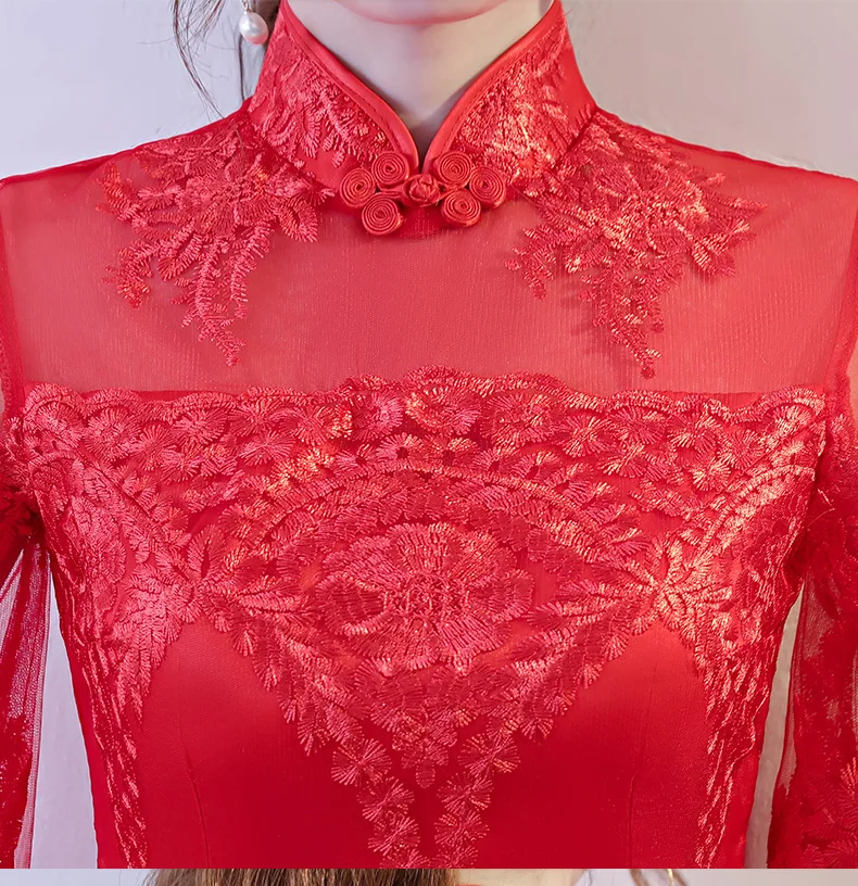 Красное свадебное вечернее чонсам, Восточный стиль вечернее платье китайские традиционные женские элегантные Qipao сексуальное кружевное