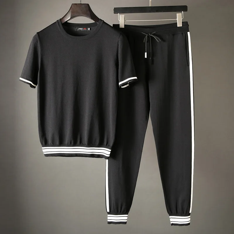 JSBD летний цветной контрастный спортивный костюм-двойка(куртка+ брюки) из чистого шелка, удобная и дышащая ткань для мужчин - Цвет: Черный