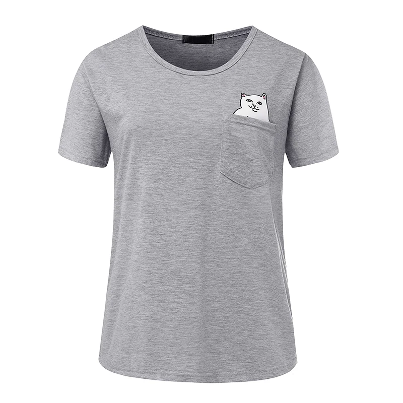 

T shirt women 2019 new quality middle finger pocket cat print plus size women T-shirt summer tshirt vestidos cheap cloth T007