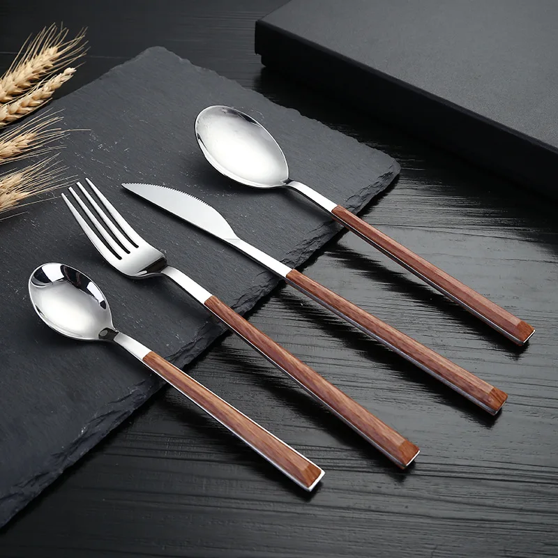 Yooap нож из нержавеющей стали, ложка, вилка, набор столовых приборов с деревянной ручкой, нож для стейка, основная ложка для еды, основная вилка для еды, десертная ложка
