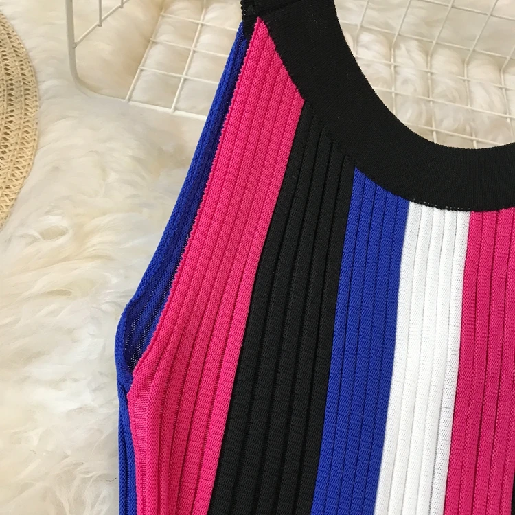 Sleeveless Round Neck Rainbow Vertical Striped Vintage Knit Dress