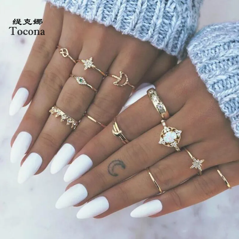 

Tocona 13 Pcs/set Bohemian Vintage Gems Crown Star Moon Exquisite Joint Ring Set Women Fashion Party Wedding Minimalist Jewelry
