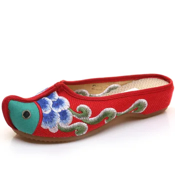 

Vintage New Arrival Old Peking Women's Shoes Chinese Fish Flat Heel With Flower Embroidery Comfortable Soft Canvas Shoes 35-41