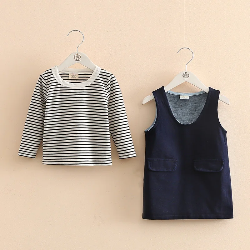 

Baby girl stripe clothing sets 2017 children's clothing child t shirt+denim vest dress set Kids Clothes 2-10T