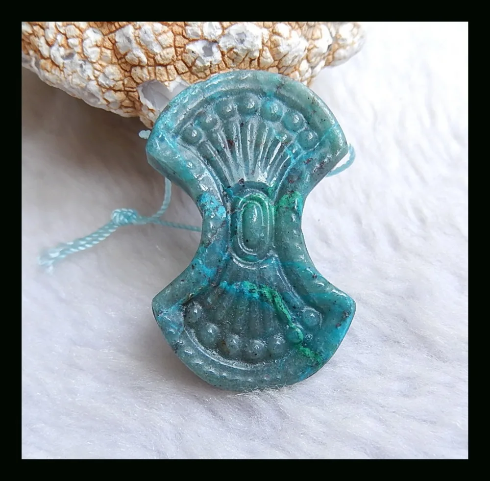 Natural Stone Carved Chrysocolla Necklace Pendant,43*27*5mm,11.1g