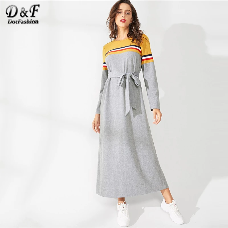 

Dotfashion Grey Color Block Striped Belted Long Dress Women Clothing 2019 Autumn Casual Fashion Clothes Female Long Sleeve Dress
