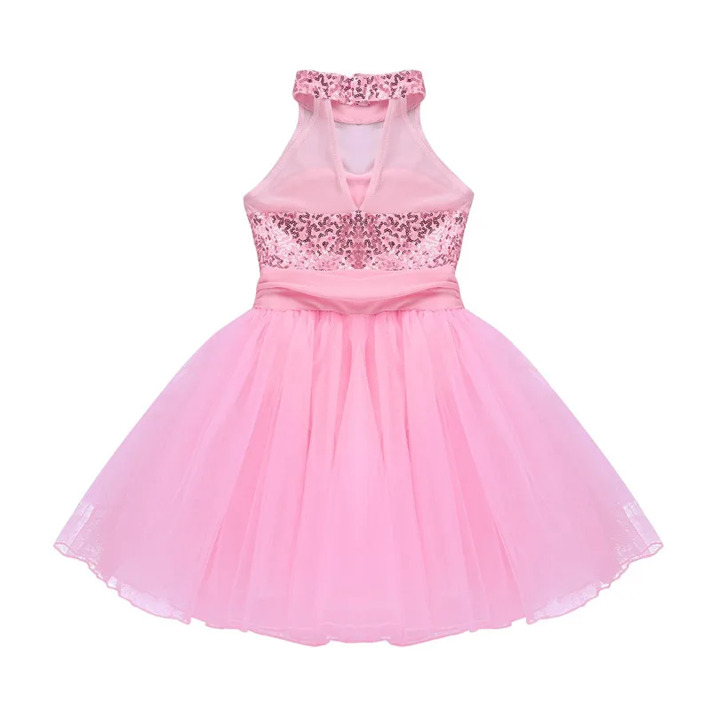 Kids Girls Mock Neck Ballet Dance Dress Gymnastic Leotard Shiny Sequins Sleeveless Mesh Splice Ballet Leotard Flower Girls Dress