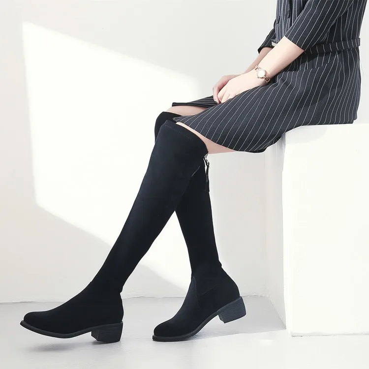

Square Heel Med Round Toe Women Over-the-Knee Boots Elastic Band Solid Autumn Winter Boots Flock Fashion Winter Shoes
