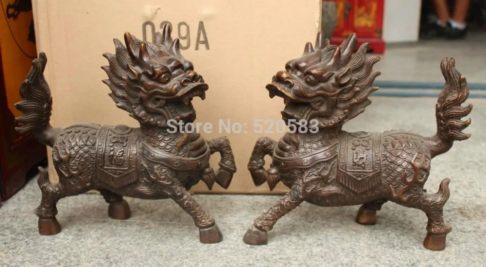 

free 10" Chinese Bronze Phylactery Guardion Beast Kylin Chi-lin Unicorn Pair Statue fast