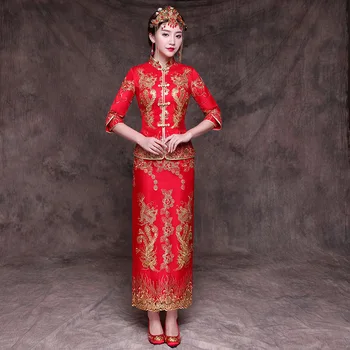 

Chinese Bride Wedding Dress Classic Red Embroidery Dragon&Phoenix Toast Clothing Full Length Slim Cheongsam Marriage Suit 3XL