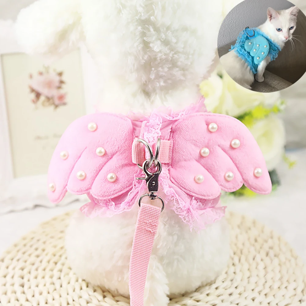 

Angel Design Pet Cat Dog Harness Safety Walking Cat Vest Harness For Dog With Matching Lead Leash Angel Wings Lace Peals Design