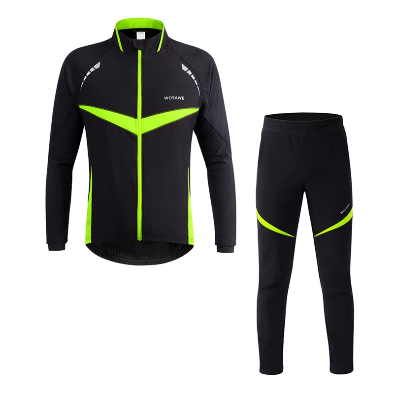 WOSAWE светоотражающие велосипедные комплекты мужские зимние куртки без флиса костюмы с длинным рукавом ветровка комплект велосипедная одежда спортивный комплект пальто - Цвет: Зеленый