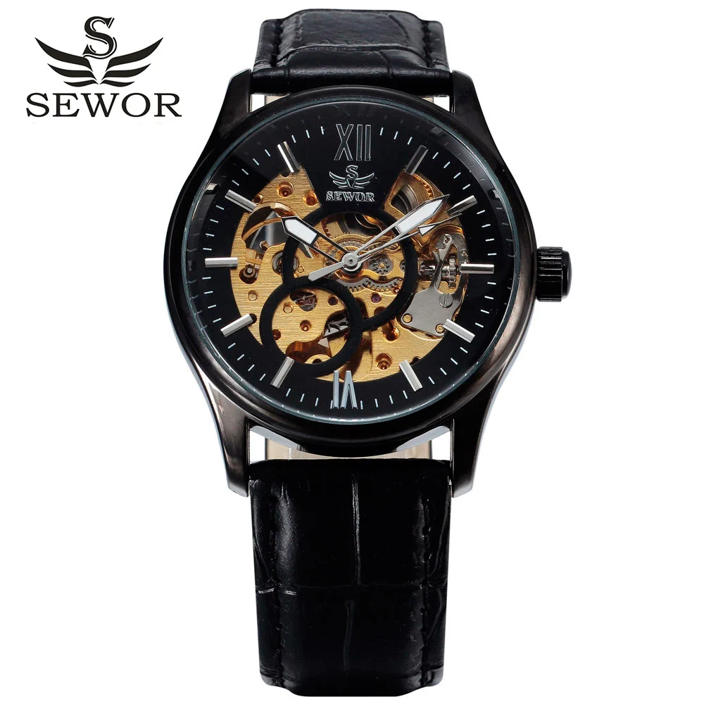 

hot SEWOR BRAND design leather skeleton man male sport clock business automatic mechanical self wind fashion wrist luxury watch