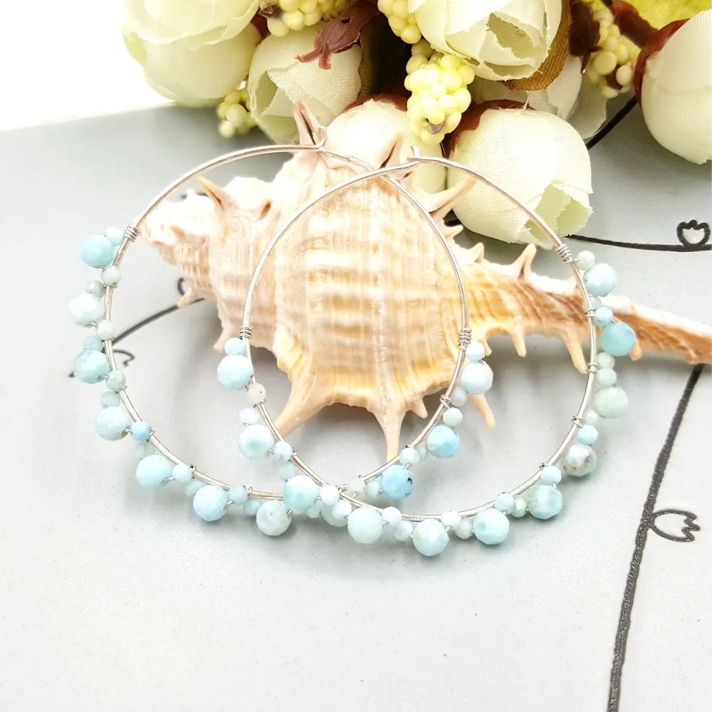 Liiji Única Pedra Natural Azul Larimar 925 Handwork Prata Esterlina Big Hoop Brincos Mulheres Moda Jóias Diária