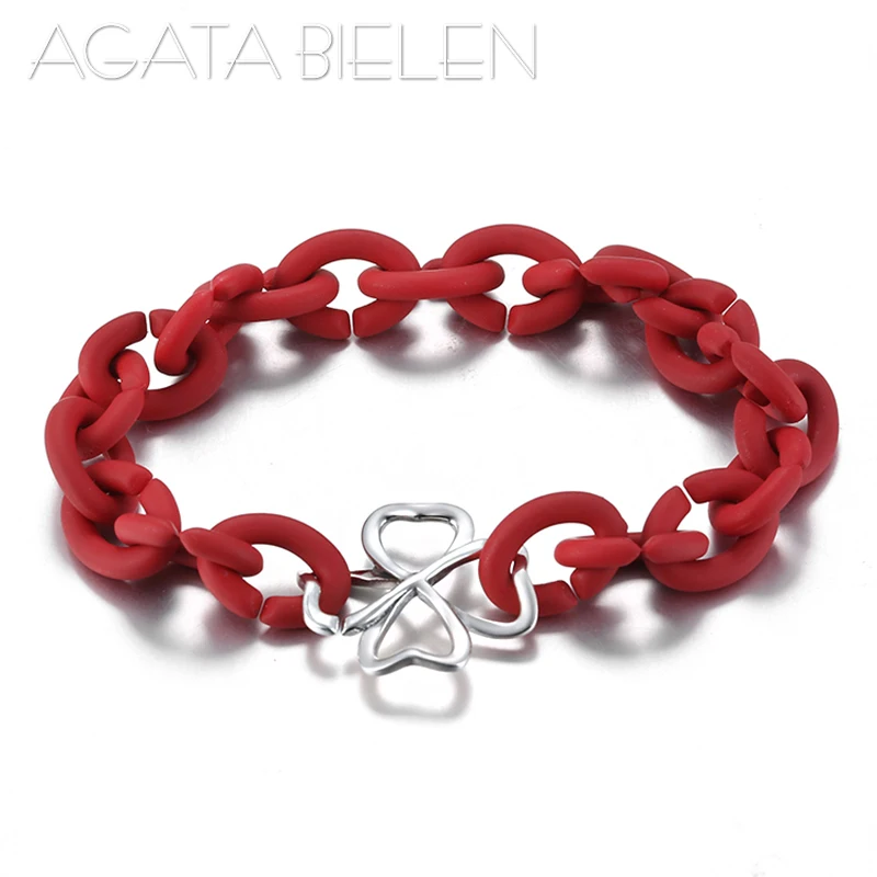 

New Simple Style 925 Sterling Silver Heart shaped petals beads Hard Rubber X Red Bracelets Bracelet for Men Women Jewelry gift