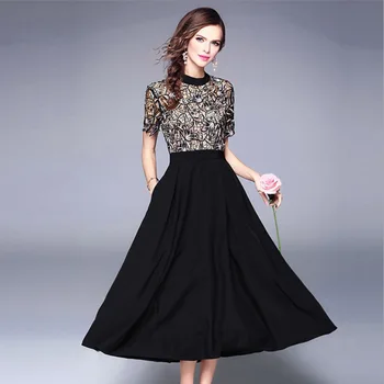 

Micosoni Summer 2018 New Fashion Dress with Short Sleeves Empire Waist Band and Hollow Lace Formal Dress Black Plus Size S-XXL