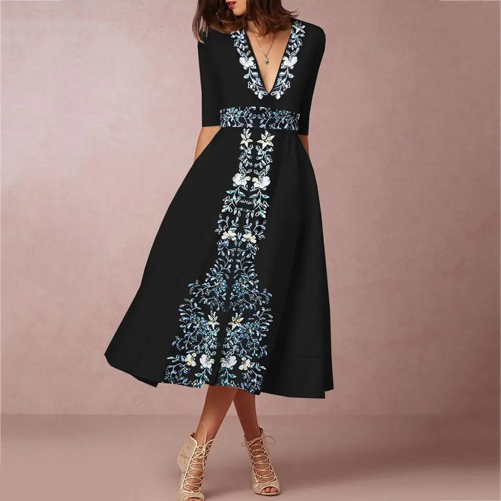 

Women's Vintage Long Prom Print Ladies Evening Party Swing Dress