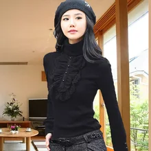 Женская рубашка с высоким воротником, осенняя и зимняя одежда, Корейская Кружевная футболка с длинными рукавами, длинная одежда Qiuyi