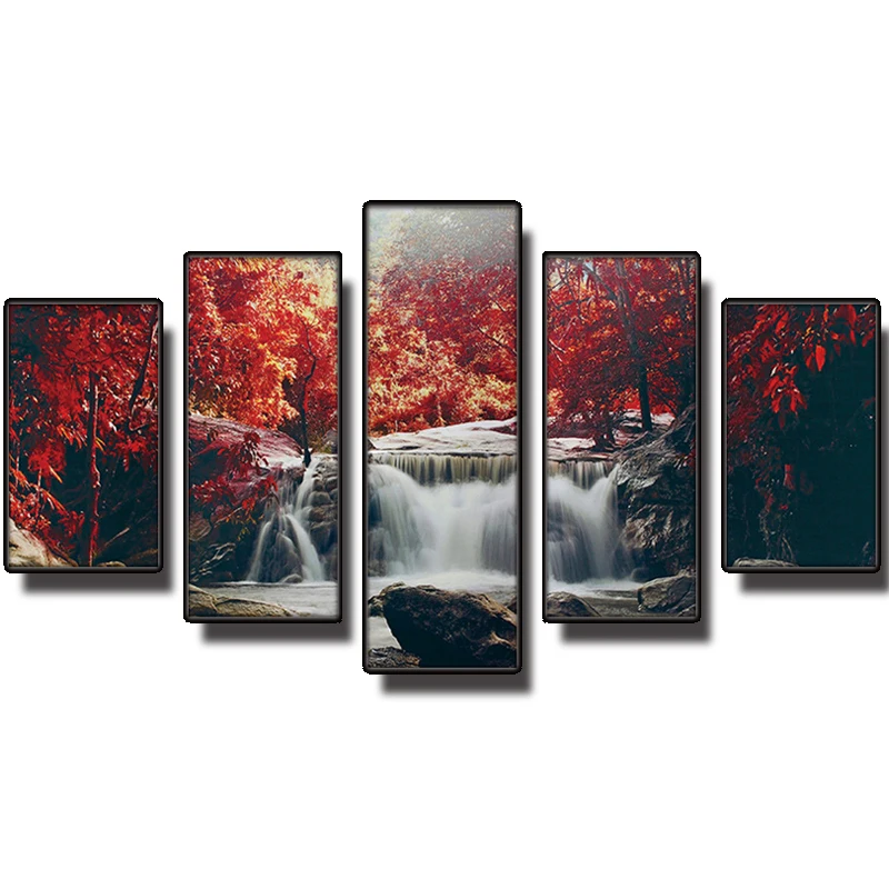 5Panel Full Round diy hand made diamond painting Red maple&ampwater flow cross stitch embroidery Wall sticker mosaic kit | Дом и сад