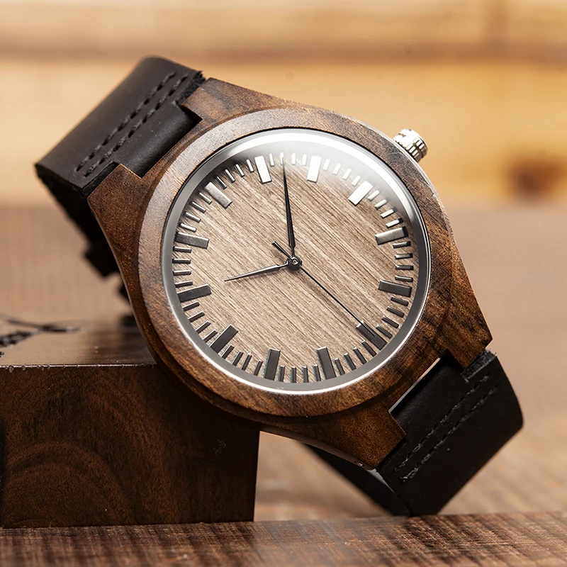 BOBO BIRD Ebony Wood Watch Men Quartz Wristwatches Timepiece With Leather Strap Women Best Gift In Box relogio masculino V-F08