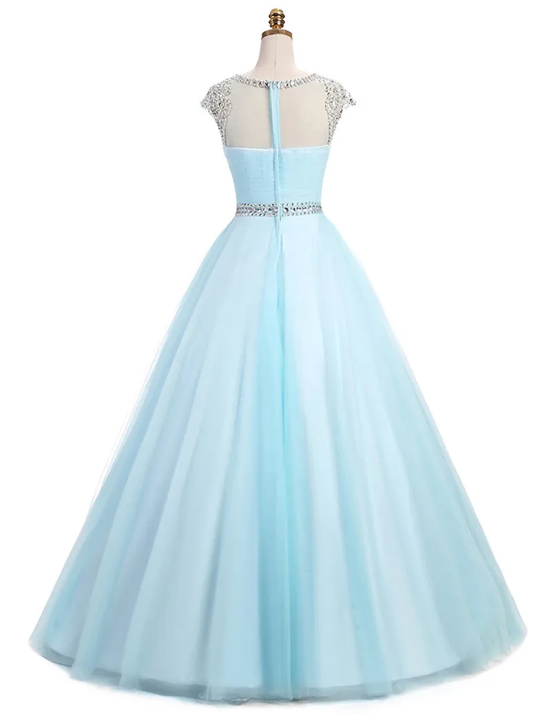 Quinceanera Dresses Illusion Neck Tulle Crystal Beads Ball Gown Long Prom dress Vestidos de 15 Anos