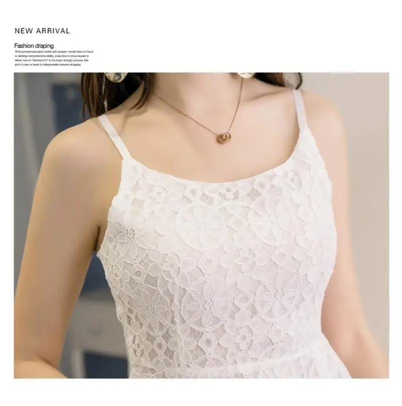 2018 New Hollow out lace dress women elegant spaghetti strap white lace sling dress vintage sleeveless black crochet dresses